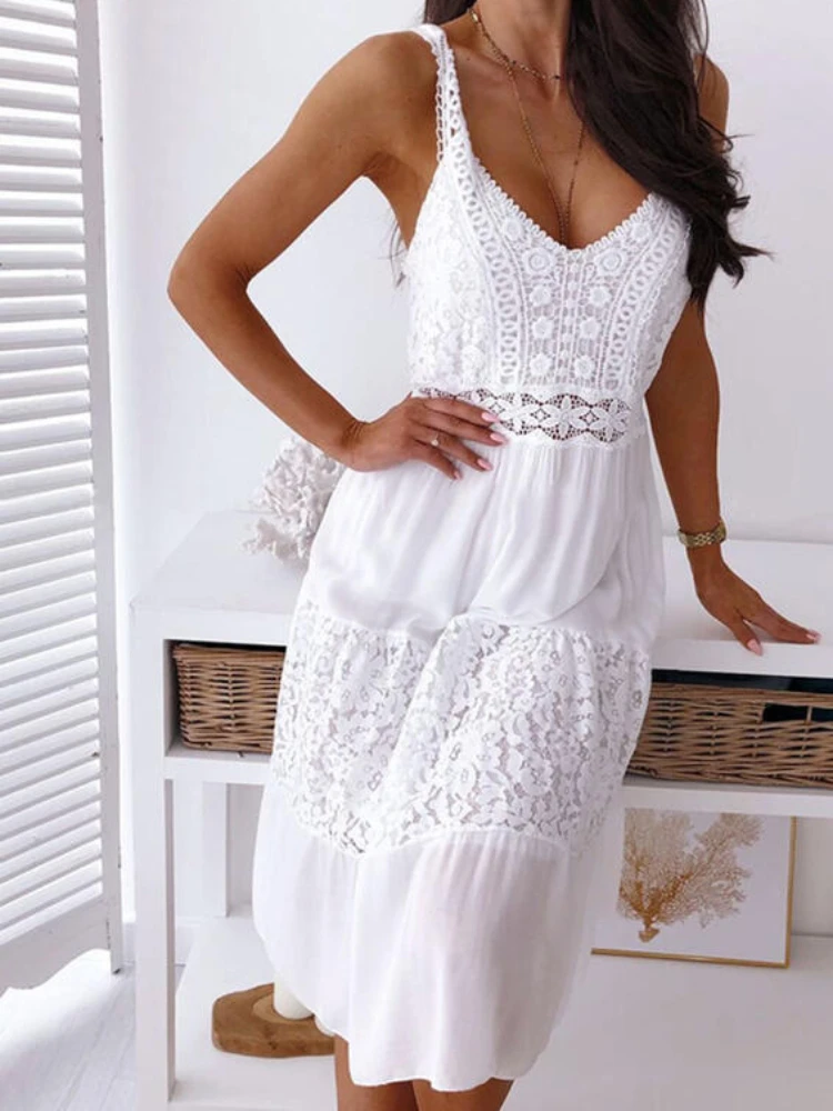 

Lace V-neck Party Mini Dress Women Night Dresses White High Waist Dance Wedding Bridesmaid Maxi Y2k Dresses Summer Vestidos