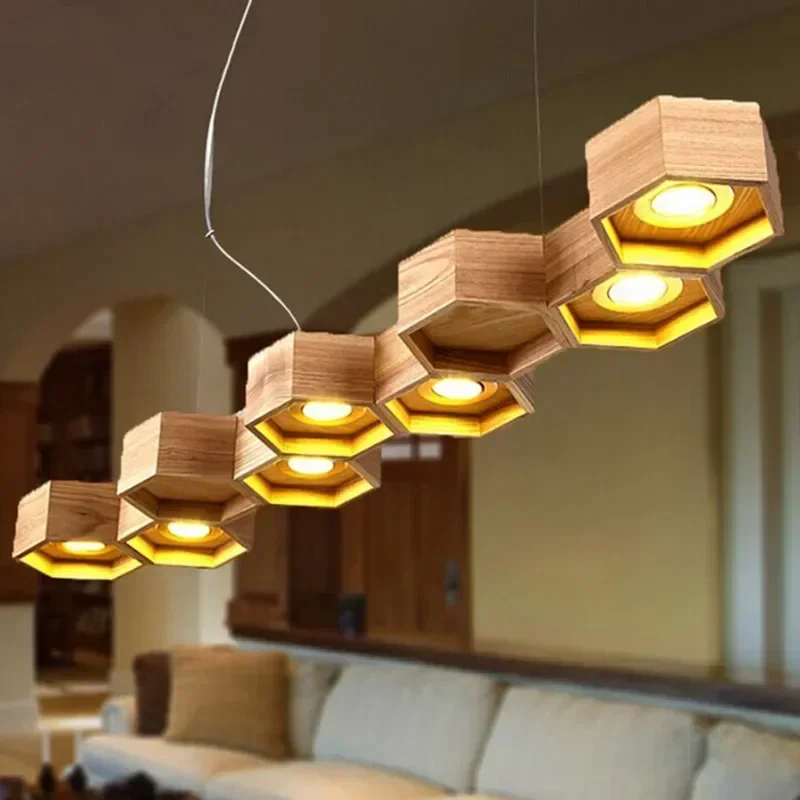 

NUEWU Bedroom Wood pendant lamp for Living room geometric lamp Honeycomb Dining Room Foyer Home Adornment Pendant Light