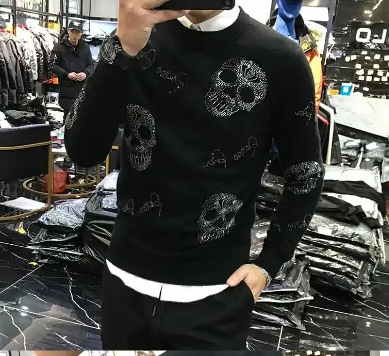 

Роскошный брендовый свитер со стразами, мужской дизайнерский новый повседневный топ с круглым вырезом, зимний плюшевый толстый теплый вязаный пуловер, модная мужская одежда