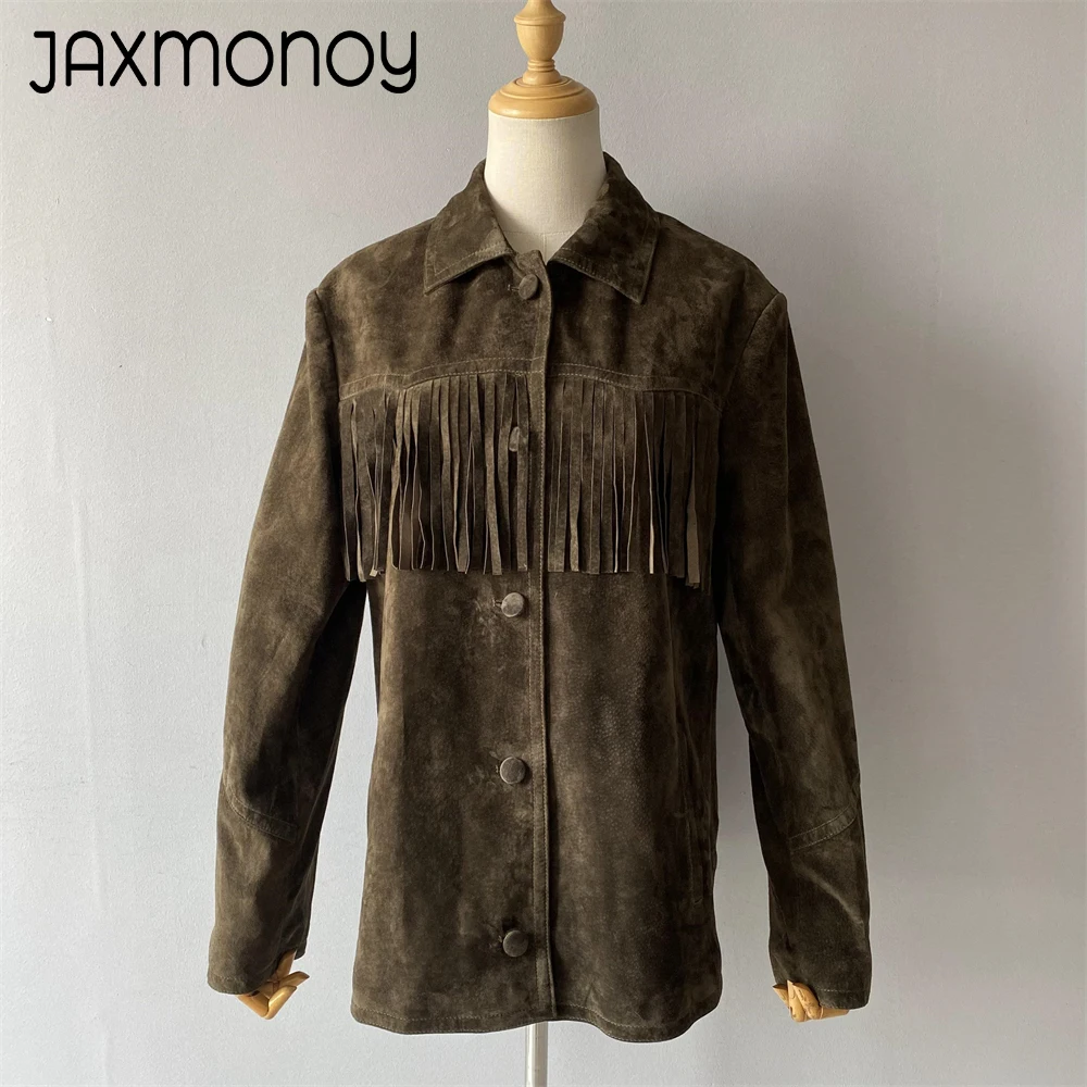 Jaxmonoy-Jaqueta de camurça verdadeira para mulheres, borlas marrons vintage, casaco de couro genuíno para senhoras, moda outono, streetwear, primavera