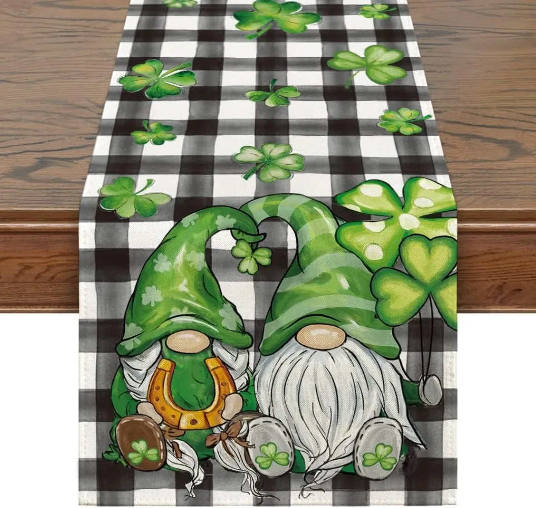 St Patricks Day Table Runner,Lucky Shamrock Seasonal Spring Holiday Table Decorations for Indoor Outdoor Dining Table Decor