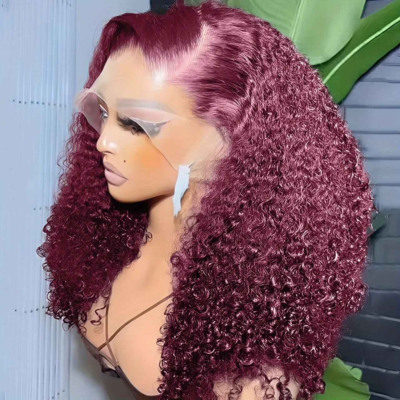 Peluca rizada estilo bob de cabello humano con ondas profundas, pelucas frontales de encaje 13x4 para mujeres negras, cabello humano pre-arrancado, corto, con efecto mojado y ondulado, color rojo vino 99J, color burdeos, de 10 a 16 pulgadas.