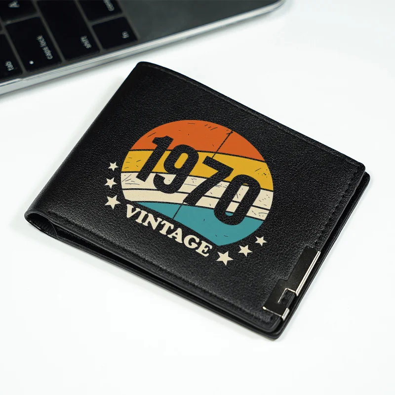 1970년 빈티지 남성용 PU 가죽 지갑 미니멀리스트 디자인 경량 내구성 비즈니스 스타일 짧은 지갑 평면 인쇄