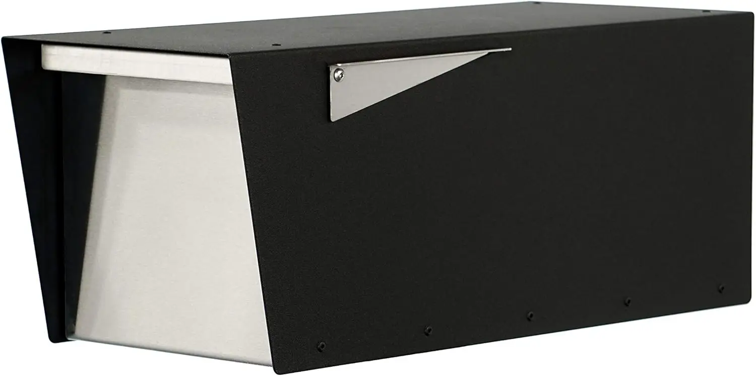 Black Powder Coated, Post-Mount Mailbox Design Anthony B (Black with Stainless Steel Door and Flag)