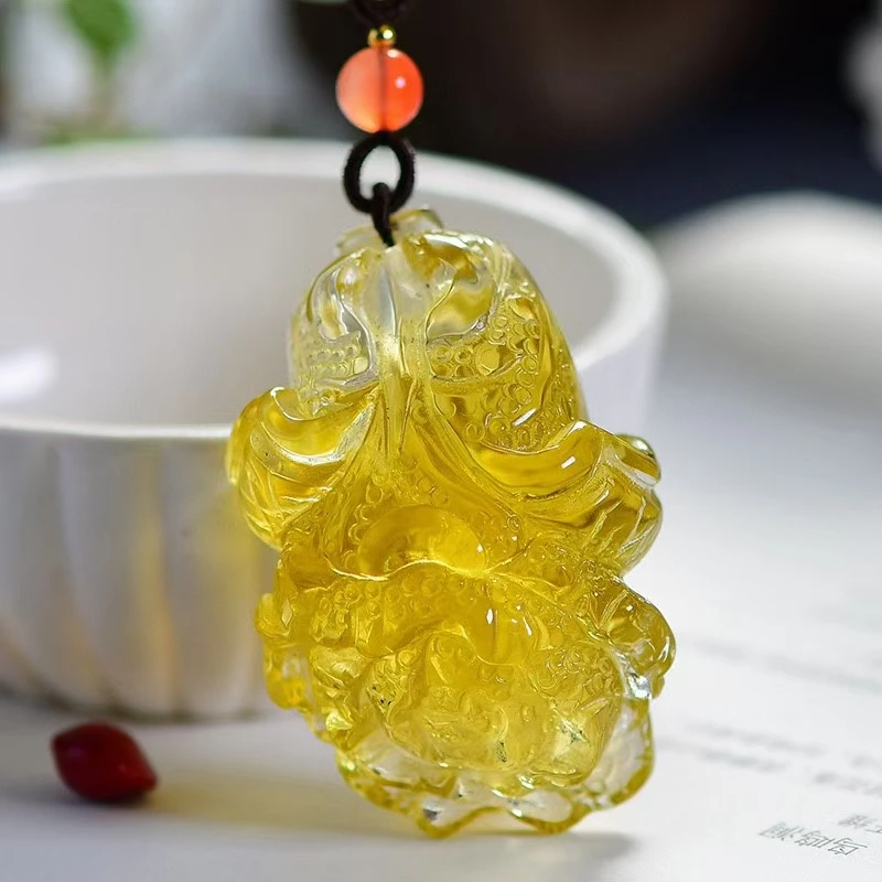 

Natural Yellow Citrine Quartz Pendant Brazil Women Jewelry 49*33*23mm Cabbage Citrine Beads Necklace AAAAA