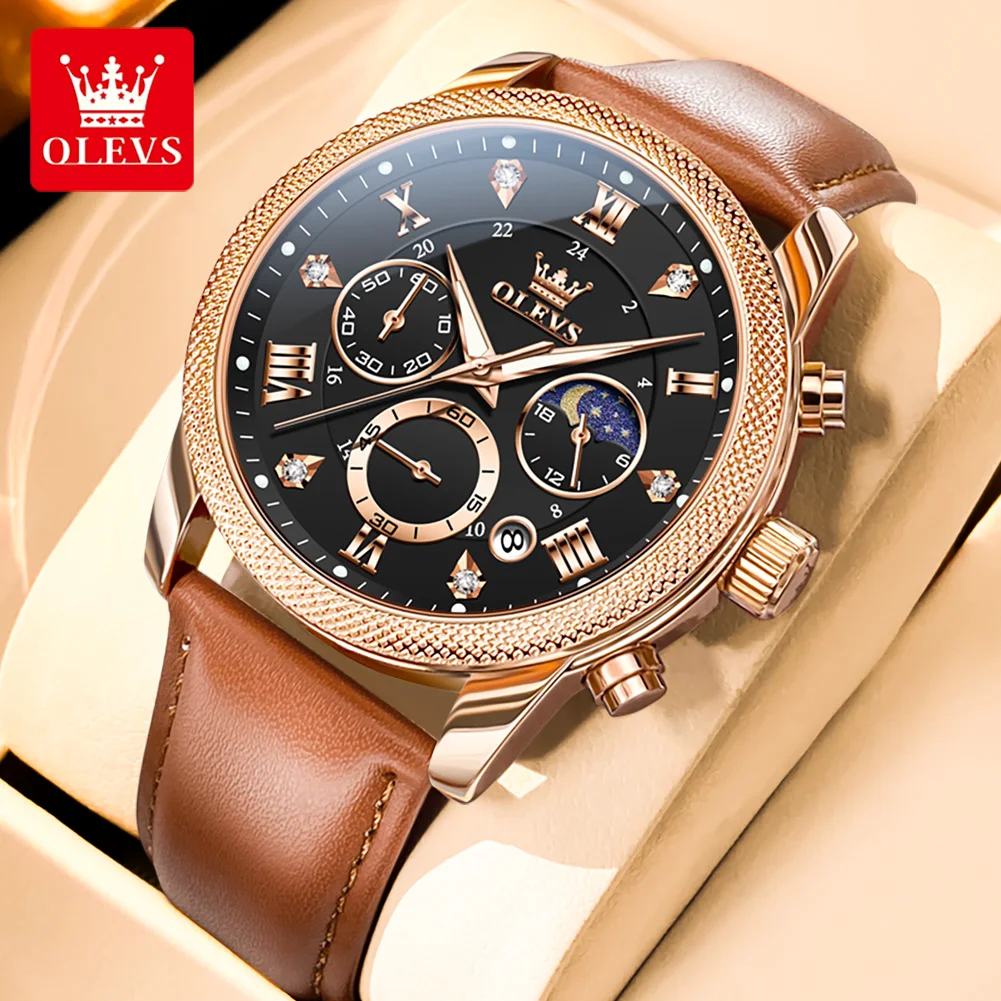 

OLEVS 3660 Men's Watch Fashion Leather Strap Moon Phase Chronograph Dial Luminous Waterproof Original Quartz Watch for Man