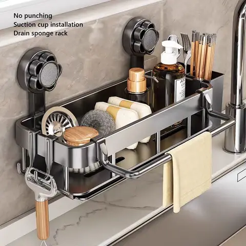 흡입 컵 접시 스폰지 홀더 벽걸이 형 드릴 없음 주방 싱크 주최자 싱크대 스폰지 천 보관을위한 드립 건조 랙