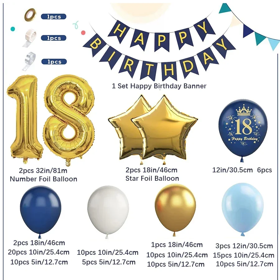18th Navy Blue White Gold Balloons Garland Arch Kit with Number 18 Happy Birthday Banner for 18 Years Anniversary Party Decor