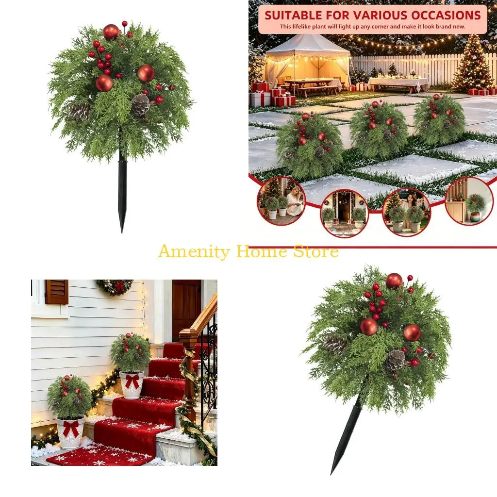 F26C Christmas entry display Stake with pinecone, red trim and faux pine pick, 22 in yard piece for porch pots and doorway use