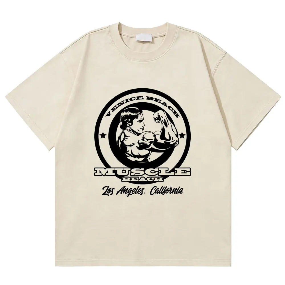 

Washed Vintage MUSCLE BEACH VENICE BEACH Arnold Schwarzenegger Olympia Fitness Gym Print T-shirt Men Causal Retro Cotton T Shirt