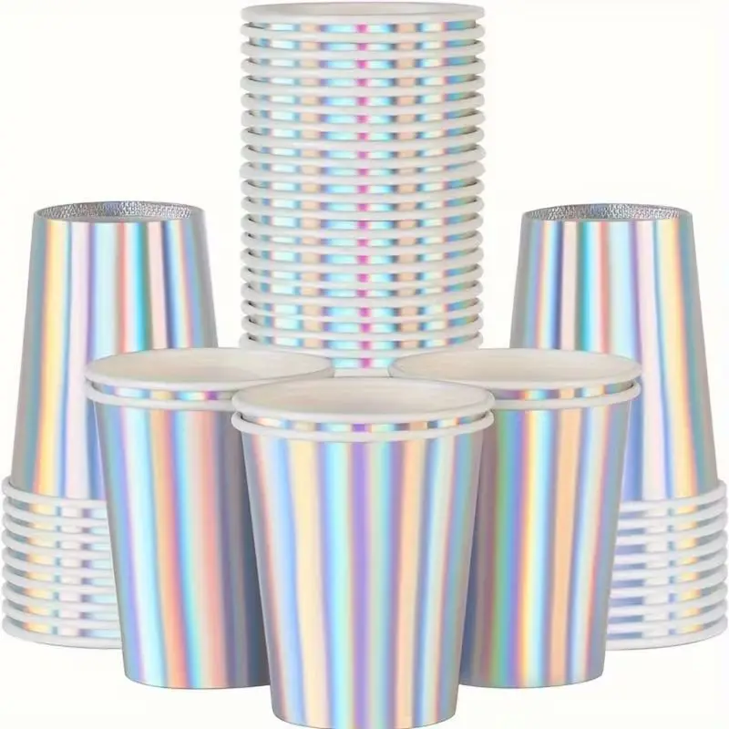 

25pcs Iridescent Paper Cups Holographic Disposable Party Cups for Hot Cold Drinks Birthday Wedding Picnic Tableware Decor