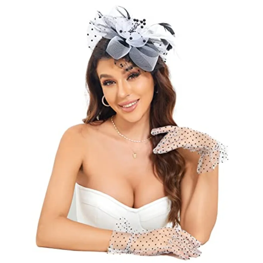 

Fascinators Hat Clip Hat Wedding Cocktail Tea Party Headwear and Short Lace Bowknot Gloves for Women