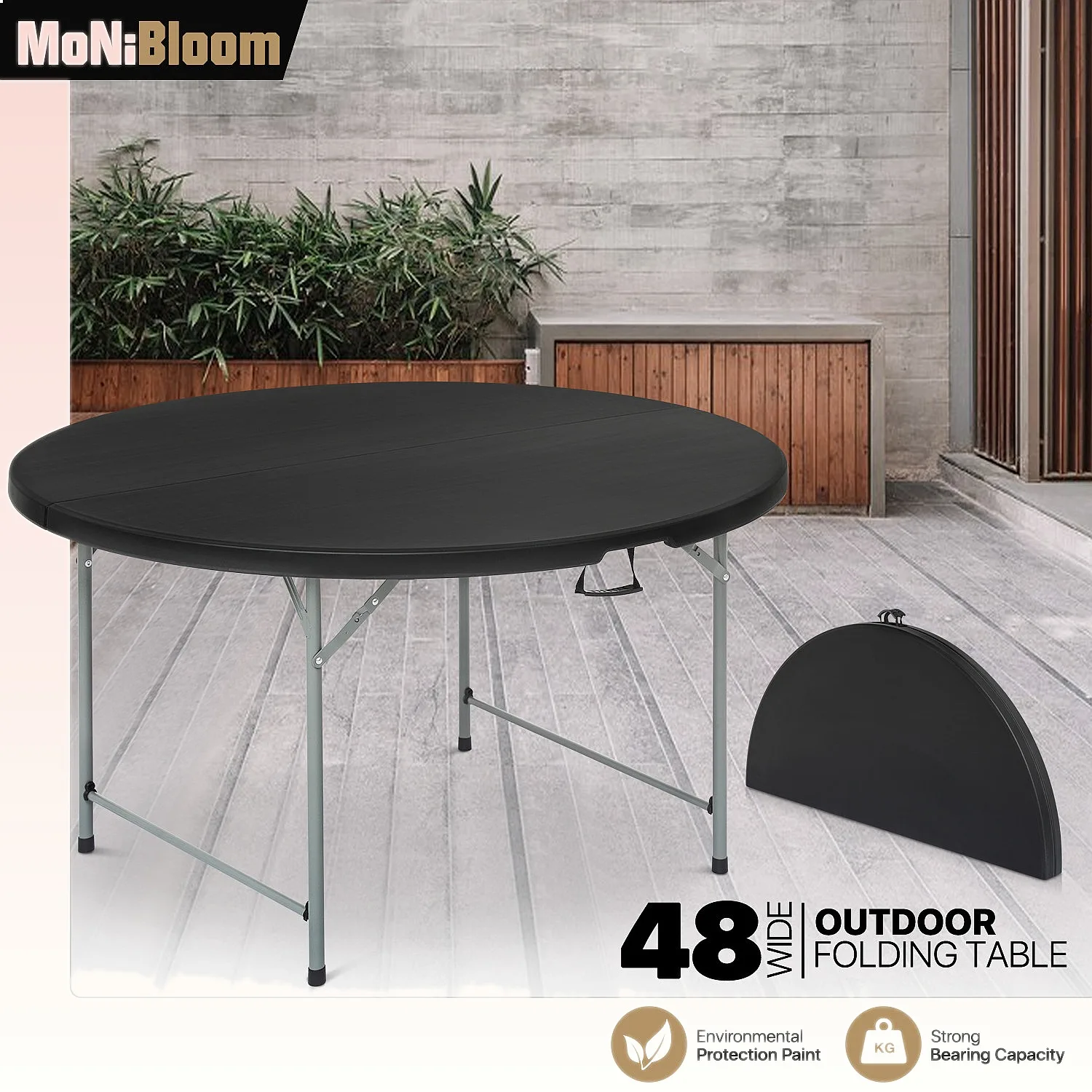 4FT Black Folding Plastic Round Table Portable Camping Picnic Party Desk