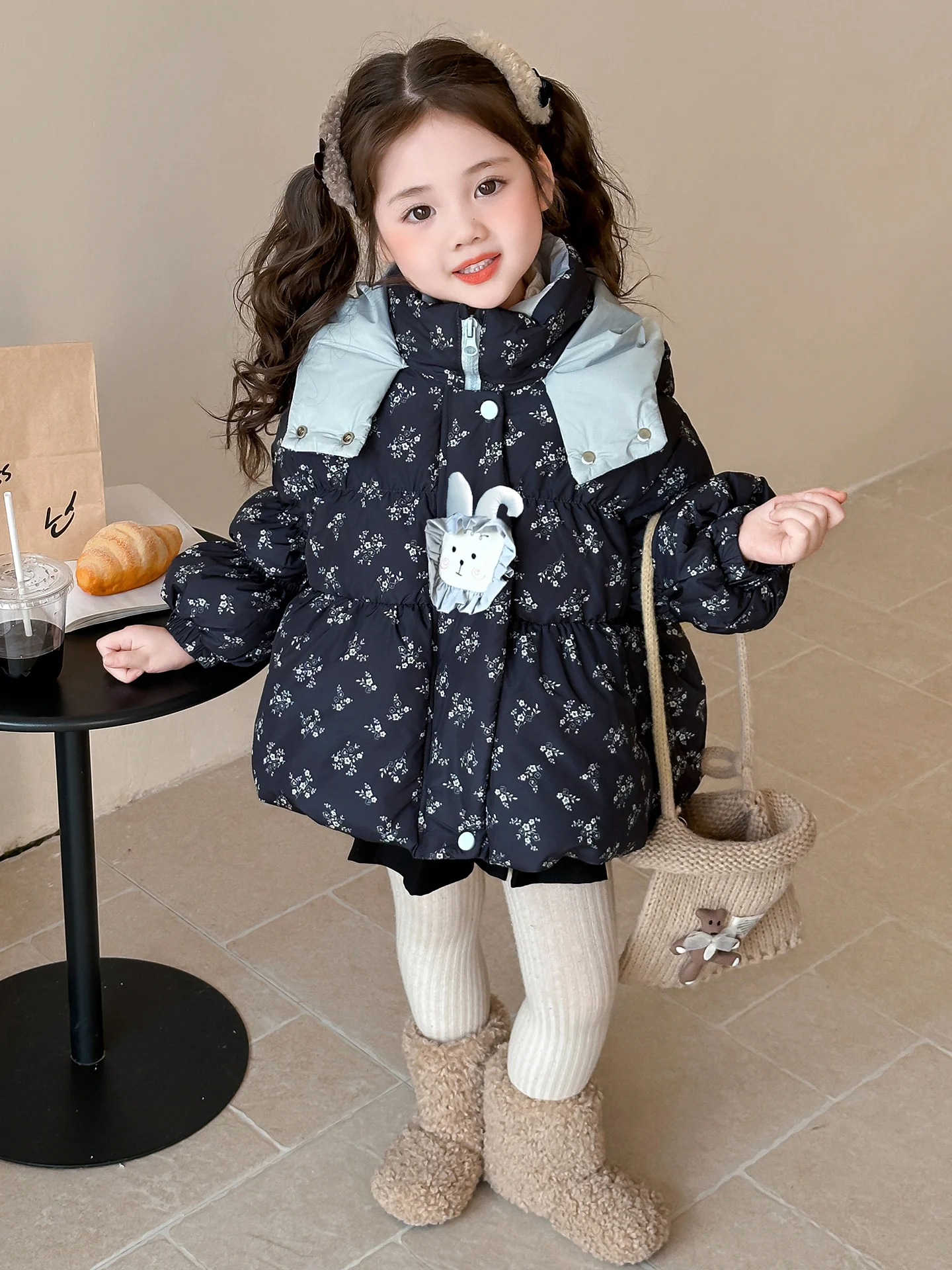 Meninas thiened branco du para baixo inverno jaet quente outerwear coreano sle casaco infantil roupas de inverno do bebê padrão floral