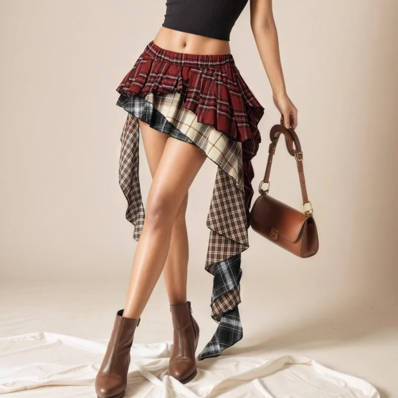 HKSH Women Short Skirt Multi-layered Color Block Plaid Pleated Irregular Hem American Retro Streetwear Y2K Skirts Summer HK22161