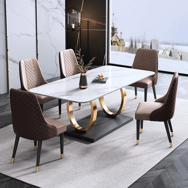 Italy Design Stainless Steel Golden Base Rectanqular Marble Table Set Luxury Diningtable And Chairs