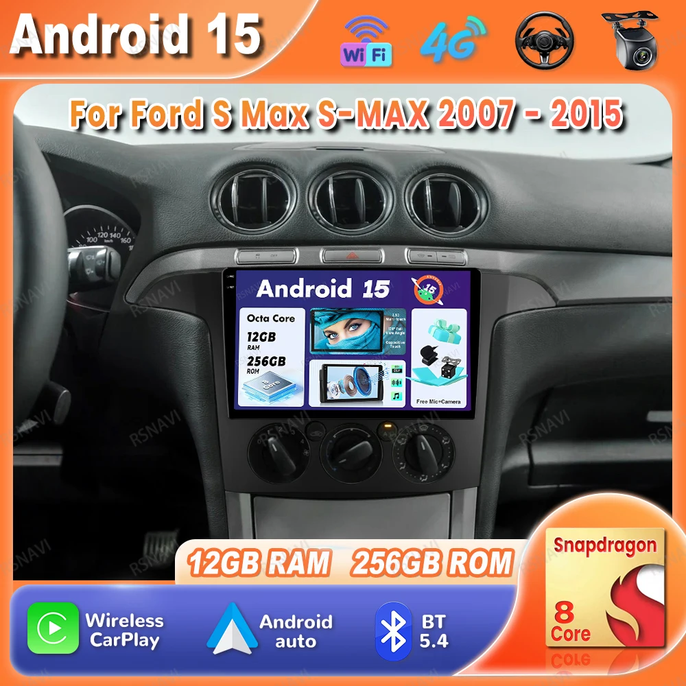 

Автомобильный радиоприемник Android 15 для Ford S Max S-MAX 2007-2015 DVD 4G LTE GPS Беспроводной Carplay Auto QLED Головный блок Стерео Qualcomm BT DSP