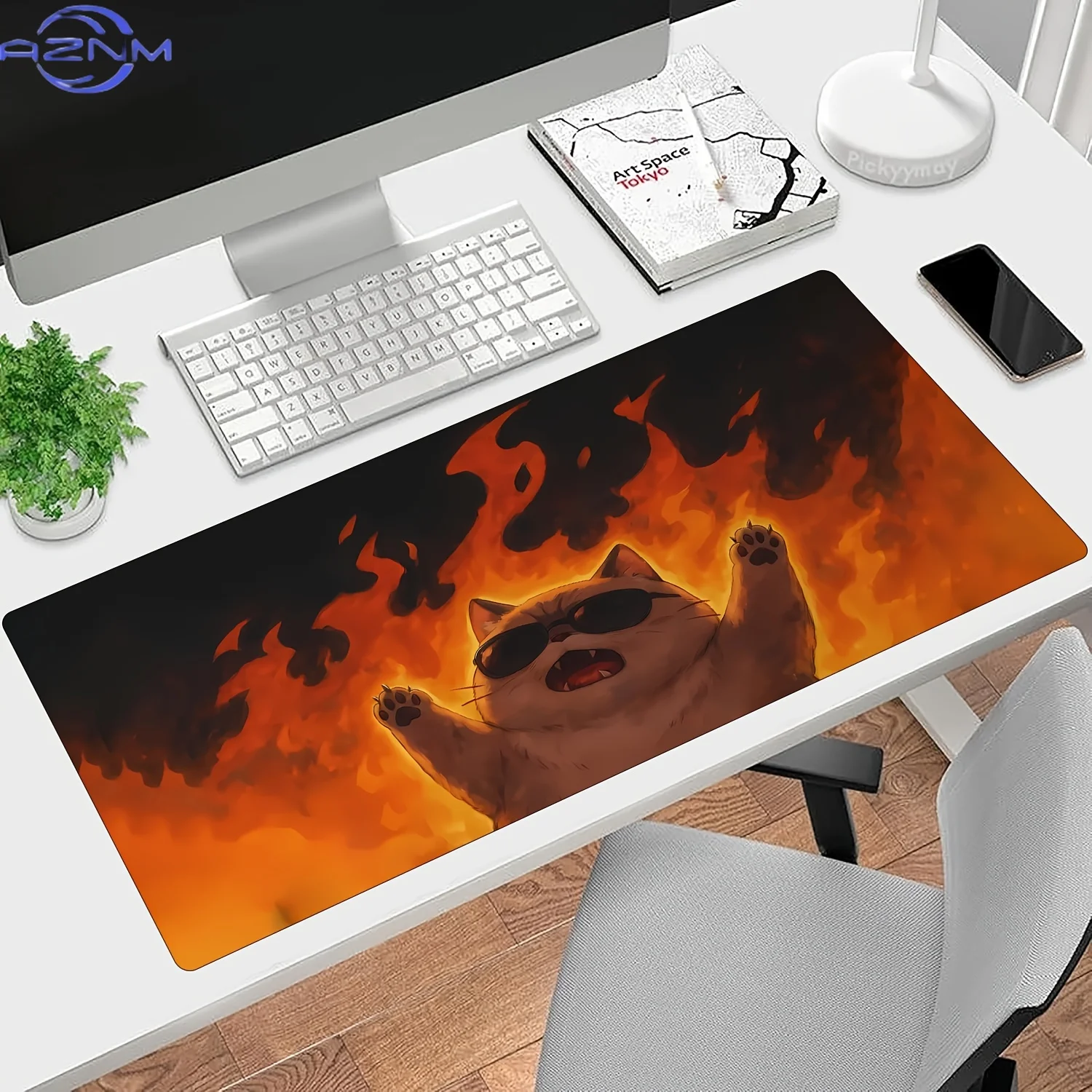1pc-Xxl Interesting And Cute Angry Flame Cat Pattern Large Gaming Mouse Pad, Non-Slip Computer Desktop Mat, Rubber Base Keyboard