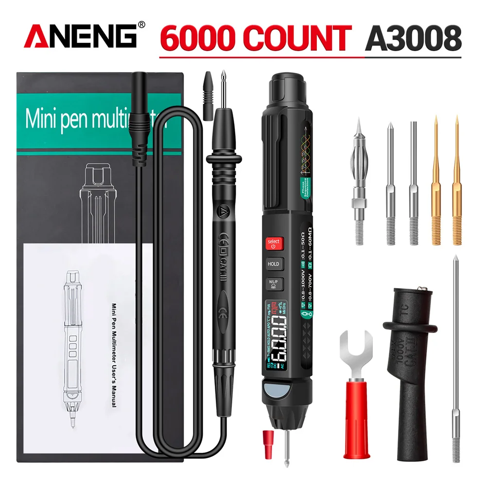 

Intelligent Multimeter Tester Pen ANENG A3008 6000 Counts Digital Non Contact Voltage Meter Removable Pen Tip Electrician Detect