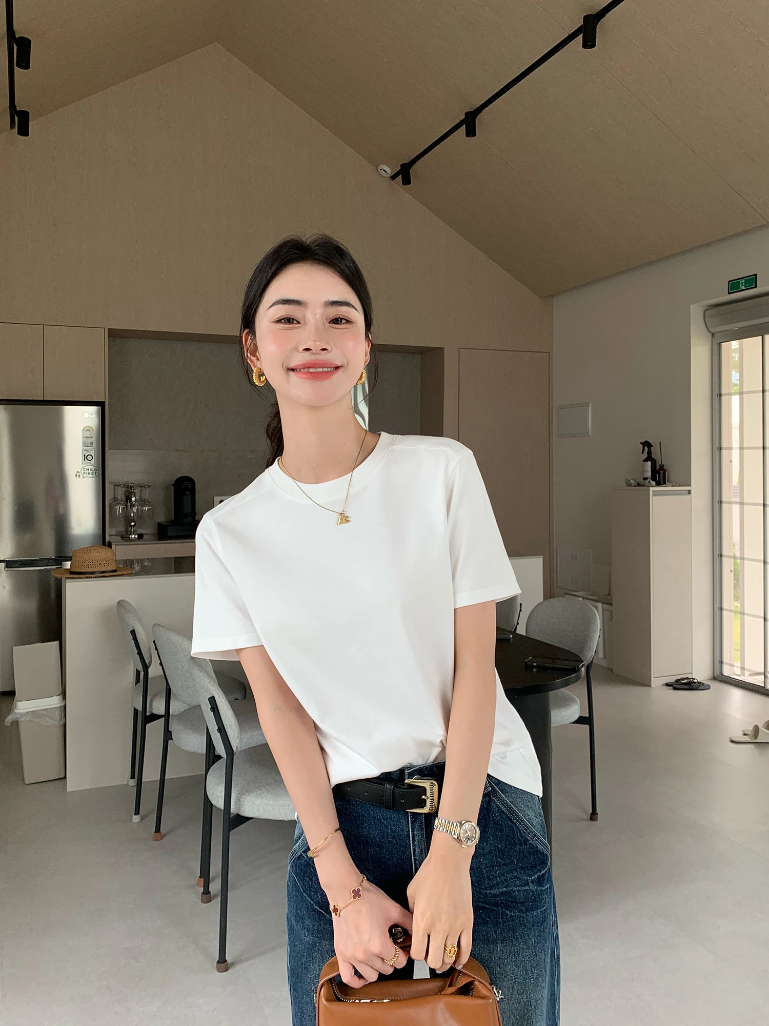 

Pusumede Classic Simple Basic round Ne ort Sve Women's Cotton Knitted Casual Top Versatile Summer T-irt