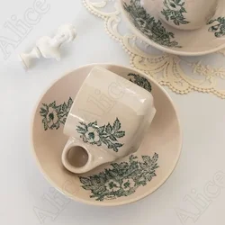 Retro Print Ceramic Coffee Cup Saucer Set Nordic Afternoon Tea Dessert Cups Green Mugs Office Household Drinking Utensils