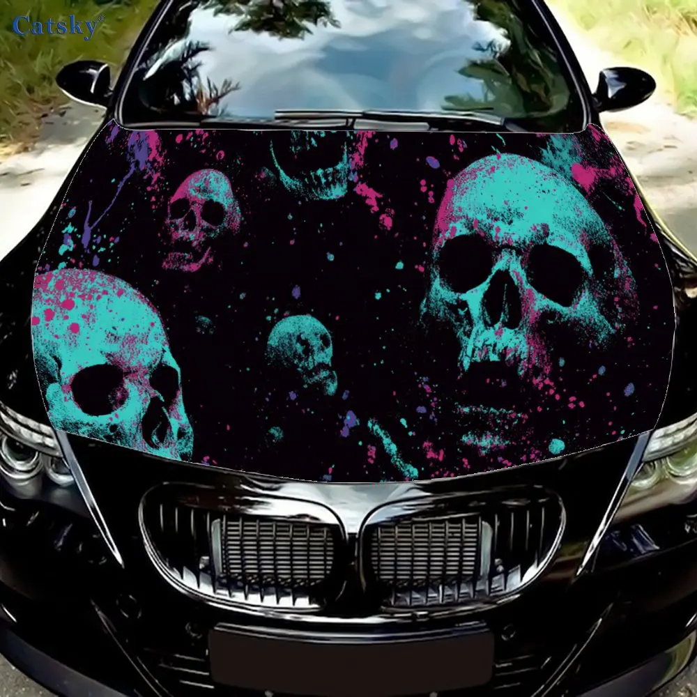 

Colorful Ink Skull Car Hood Sticker PVC Self Waterproof Stick, Striking Auto Exterior Accessories Decor Protect Gift for Lover