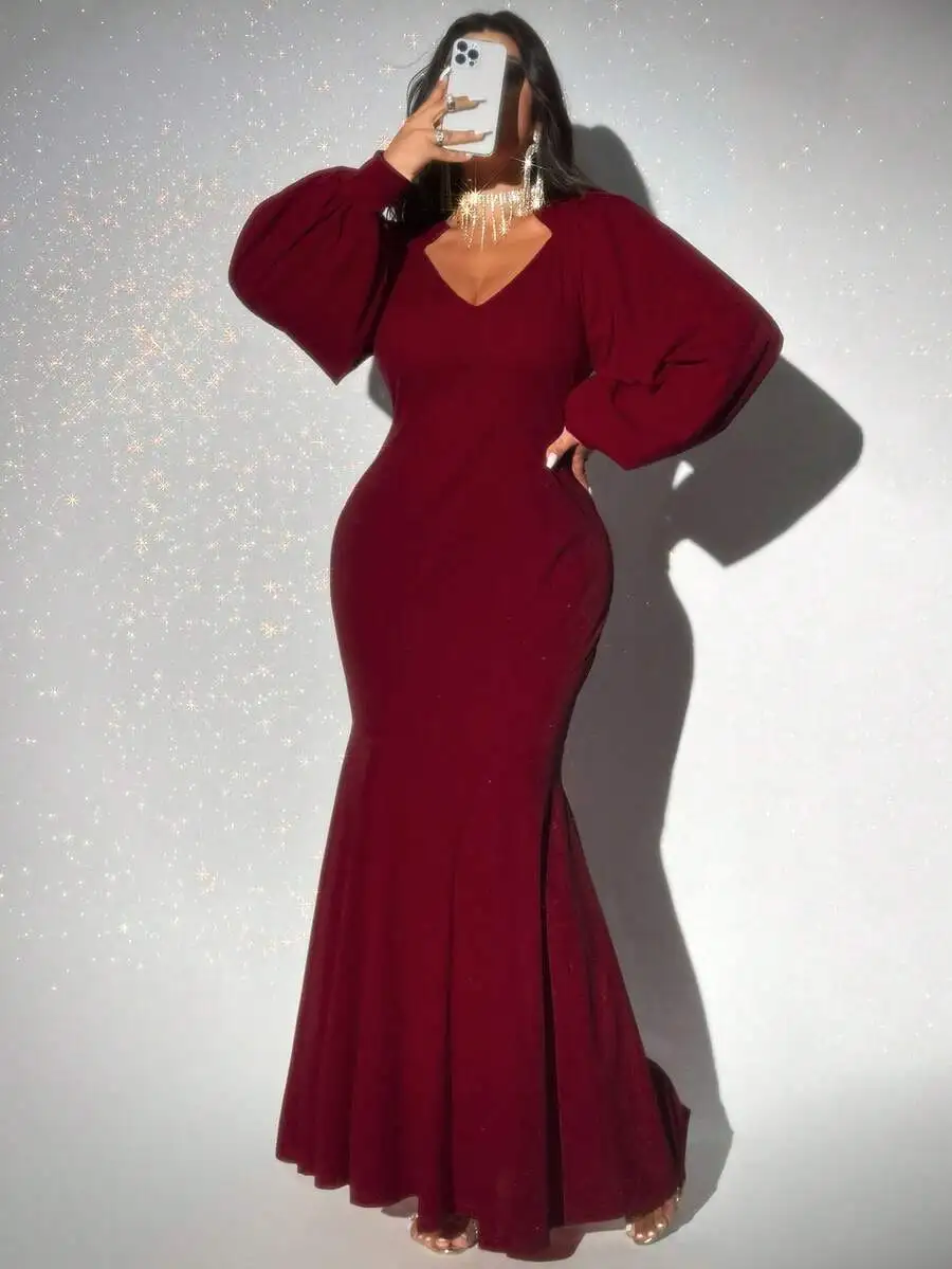 

Plus Size Women Solid Color Lantern Sleeve Bodycon V-Neck Fishtail Formal Elegant Dress Fall