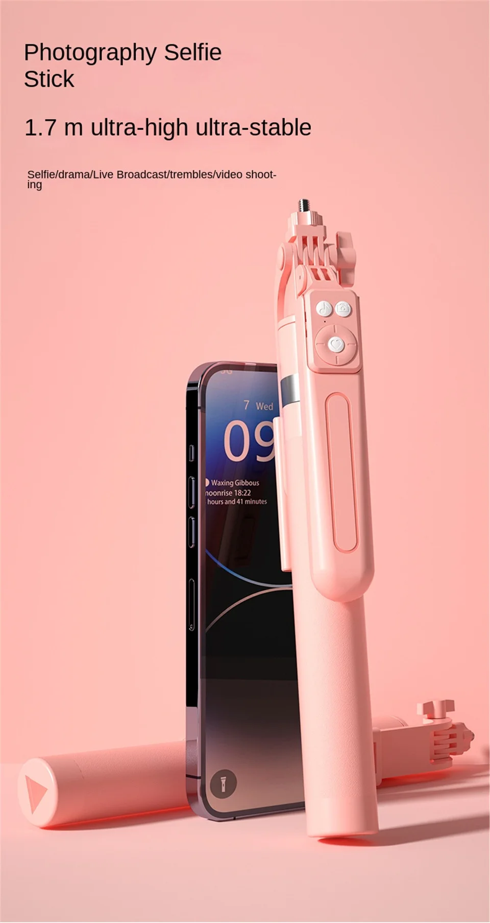 Roreta 360° Rotation 1.7M Selfie Stick Wireless Stand with Light Bluetooth Remote Extendable Tripod for iPhone Live Streaming