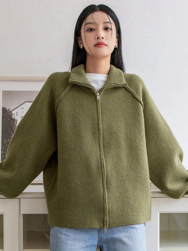 

Повседневный однотонный вязаный кардиган с воротником-стойкой, женский свободный теплый свитер с длинными рукавами и двусторонней молнией, женская повседневная уличная одежда