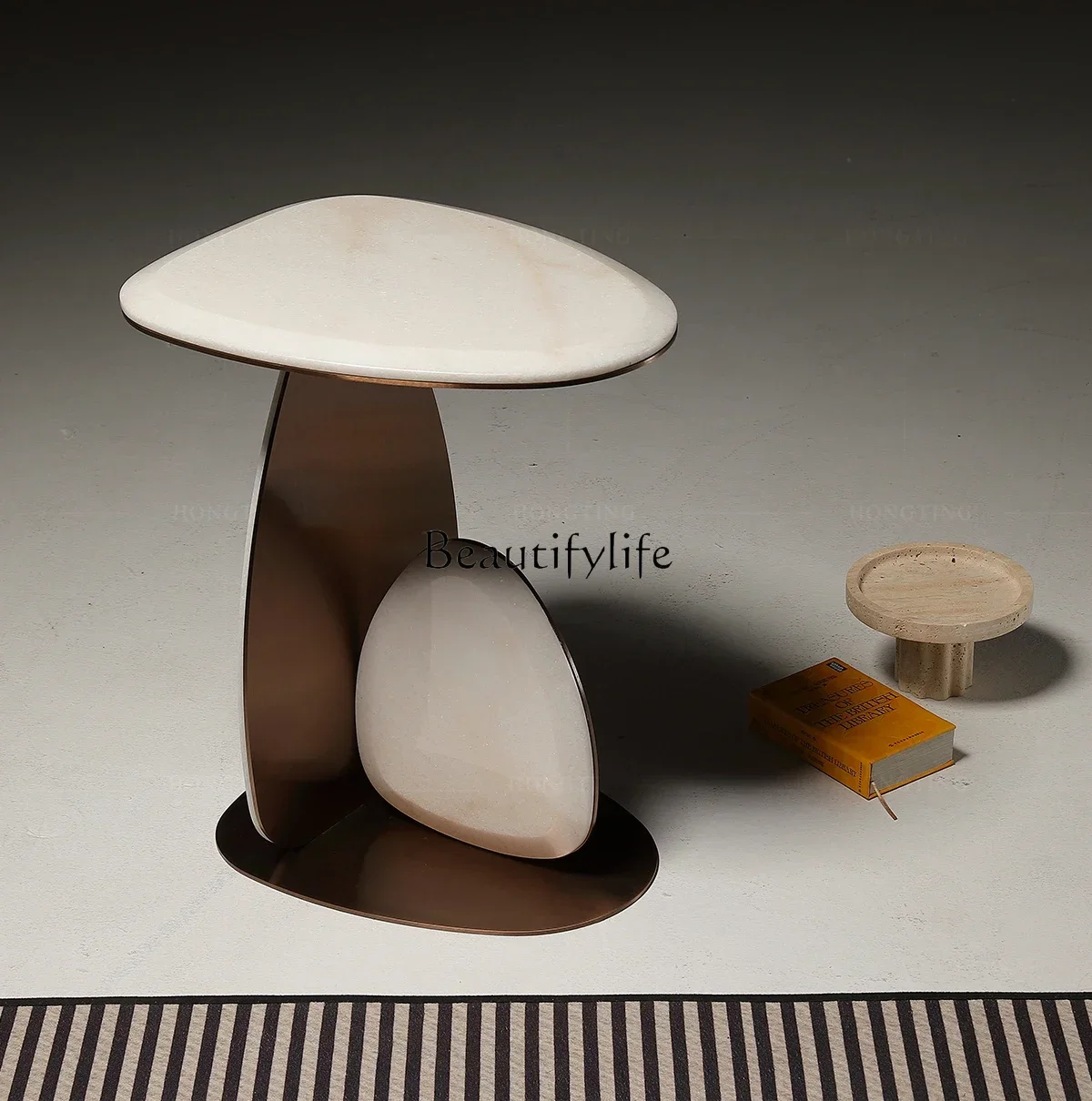 

4z.High-end Sofa Corner Table Small Table Bronze Color Pure Natural Marble Creative Art Coffee Table