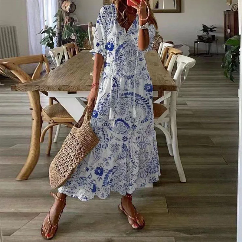 Lässiges, lockeres Boho-Damen-Sommer-langes Kleid, elegant, aushöhlen, V-Ausschnitt, weißes Strand-Sommerkleid, Vintage-Blumendruck, Maxikleider