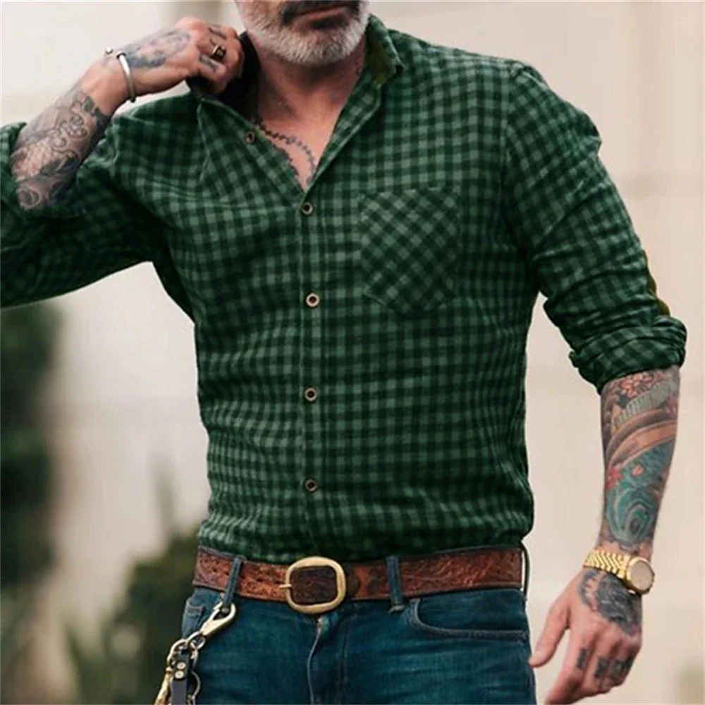 Men's Long Sleeve Shirt Plaid Shirt New Men's Top Fashion Casual Retro Work Button Lapel Oversized Men's Clothing