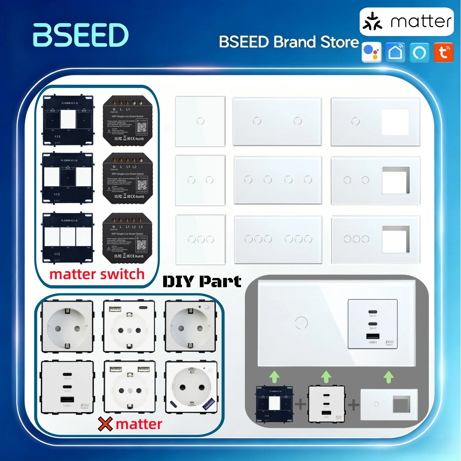 BSEED Matter Touch-Lichtschalter, nur Glasplatte, Smart-Schalter, kompatibel mit Tuya Smart Life APP, EU-Steckdosenmodul