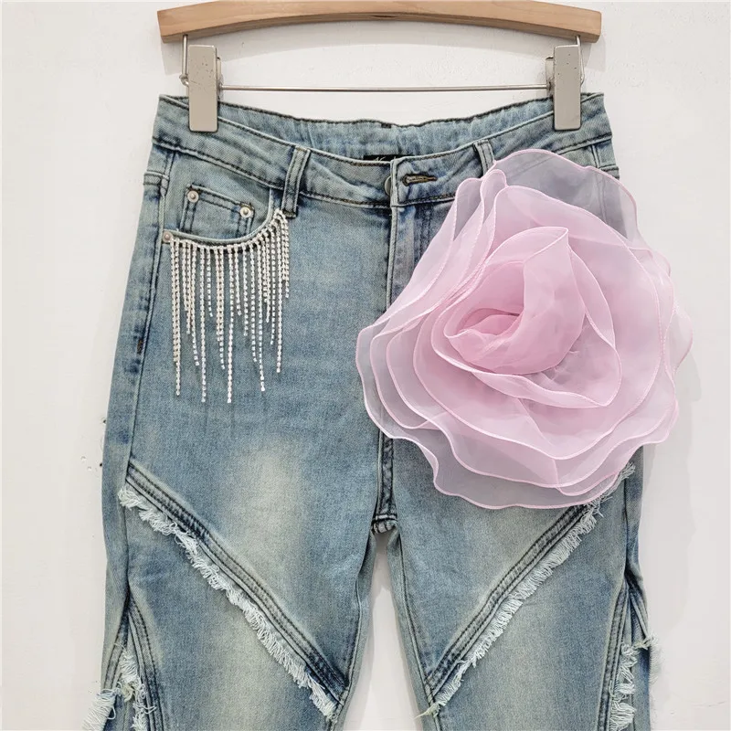 Street Hipster Exaggerated Flower Decorated Rhinestone Tassel High Waist Jeans 2024 Autumn Retro Patchwork Stretch Flared Pants