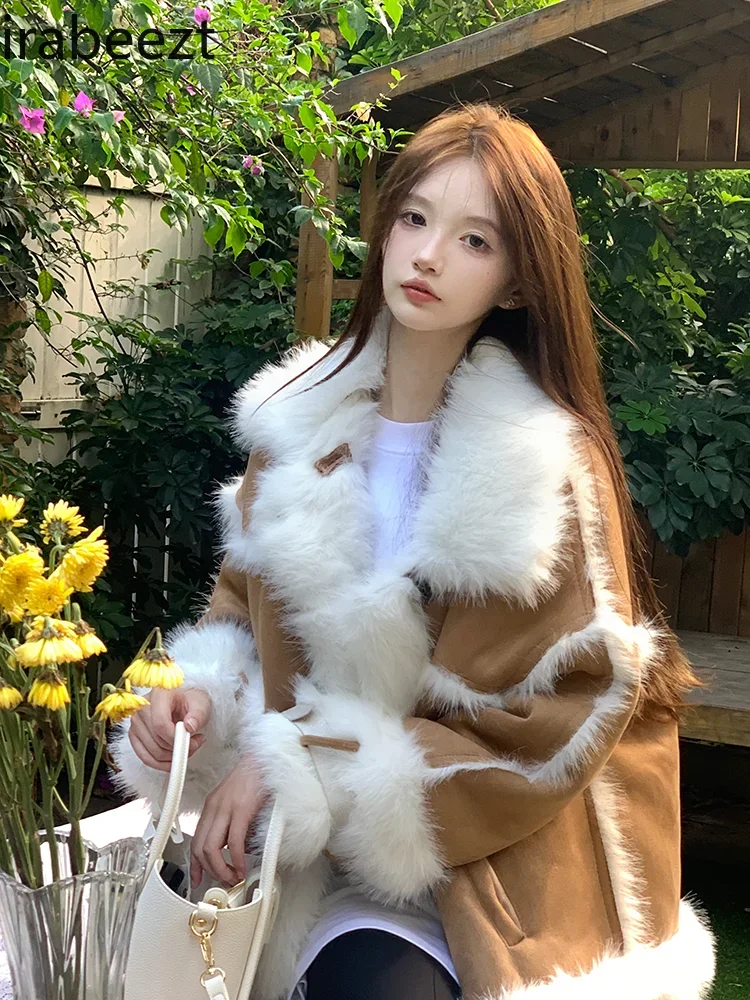 2024 New Imitation Fox Fur One Lamb Wool Thick Fur Collar Coat Female Winter Fluffy Jacket Casacos De Inverno Feminino