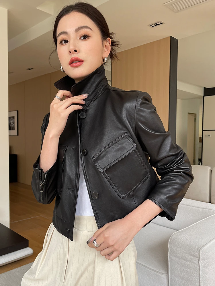 

High-end Short Genuine Leather Motorcycle Jackets Women 2024 New Trend Simple Single-breastd Casual Black Natural Sheepskin Coat