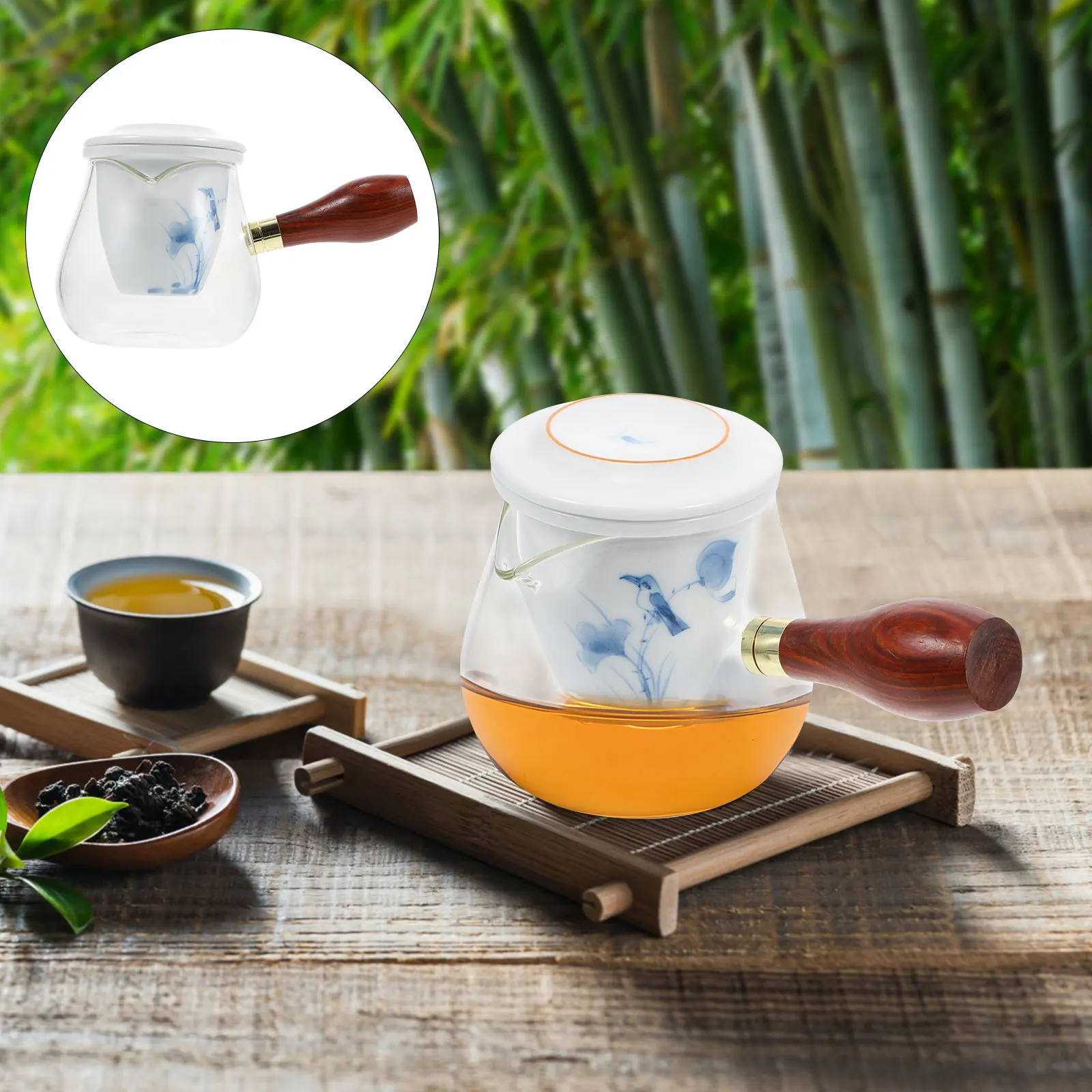 

1 Set Hand Painted Heat Resistant Glass Teapot Kung Fu Wood Handle Boiling Container For Home Flower Herbal Tea Glass Tea Maker