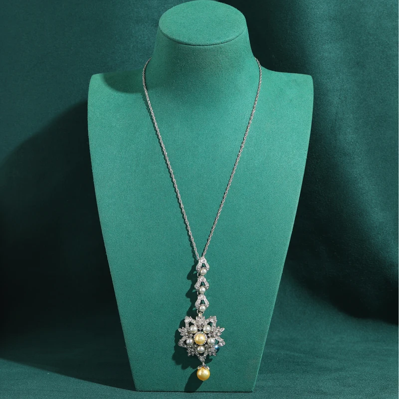 

Hollow Vintage Yellow Pearl Pendent Flower Necklace Silver Color Retro Relief High Design For Women 2026 Birthday Art Deco Gifts