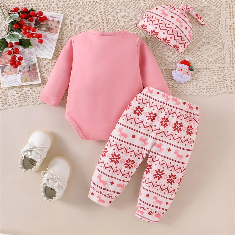 Baby Girls Christmas Outfit Santa Print Long Sleeves Romper and Elastic Snowflake Pants Hat Set Cute Clothes