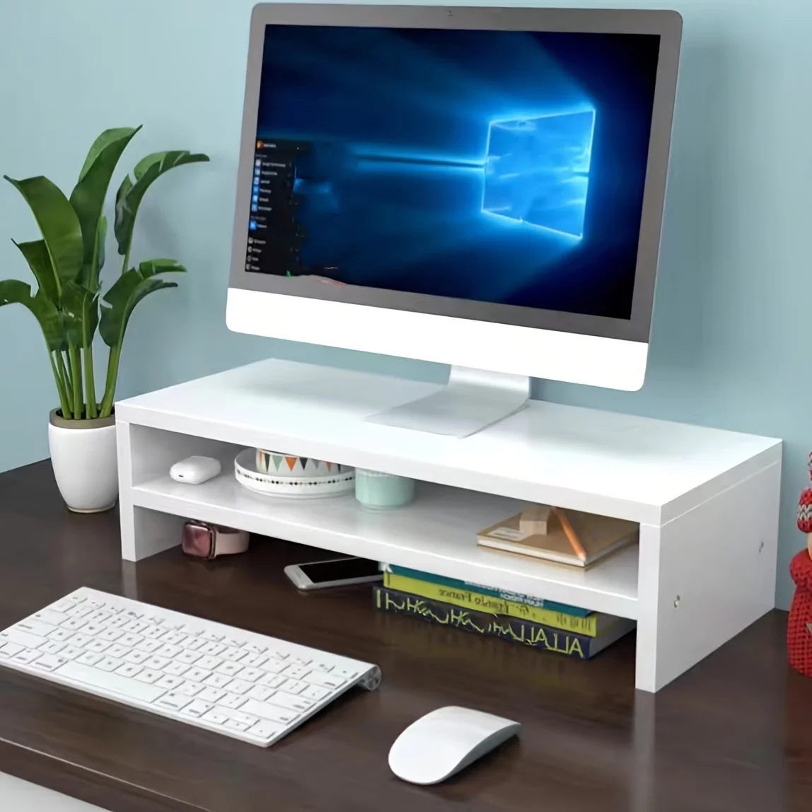 Double layer monitor stand bracket, ergonomic desktop screen stand, desktop storage organizer for computer and office stationery