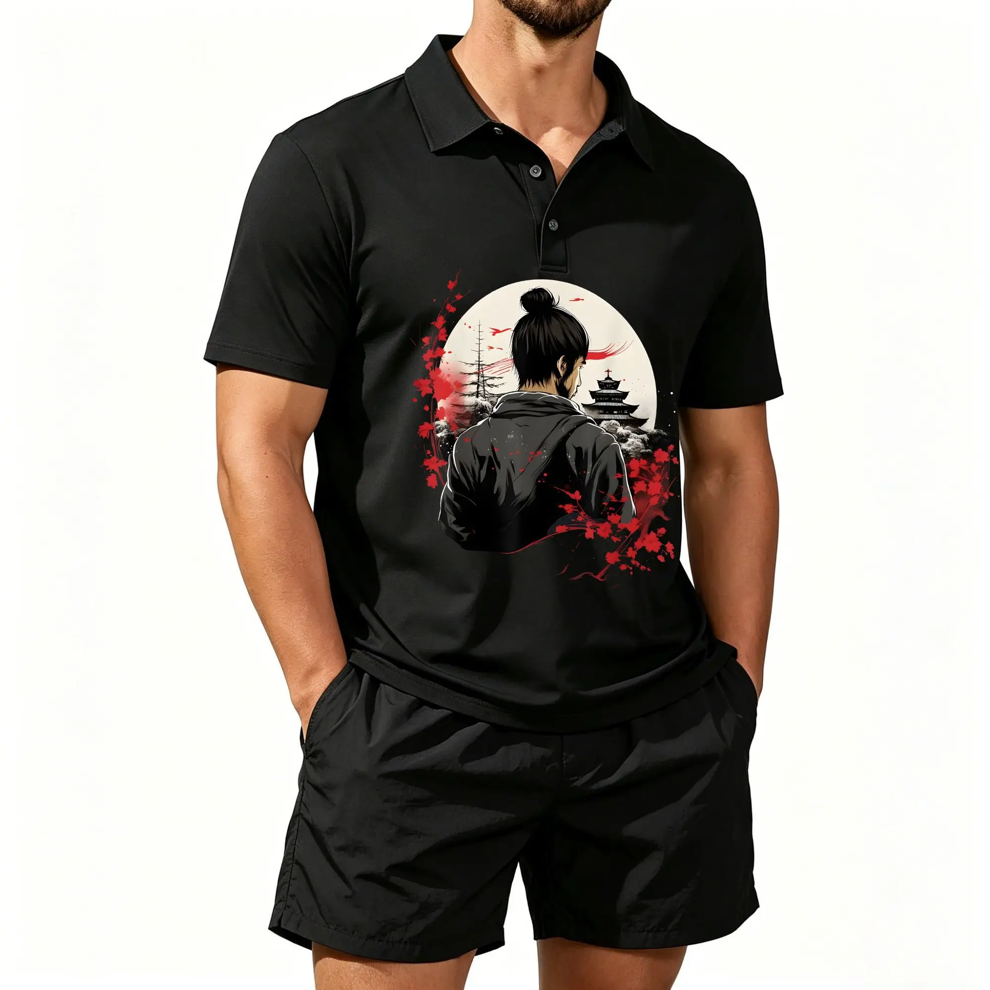 Conjunto de Camisa Polo y Pantalones Cortos de Playa para Hombre, Estilo Japonés Tradicional de Artesanía en Madera y Regalo Artístico, Ajuste Casual y Cómodo