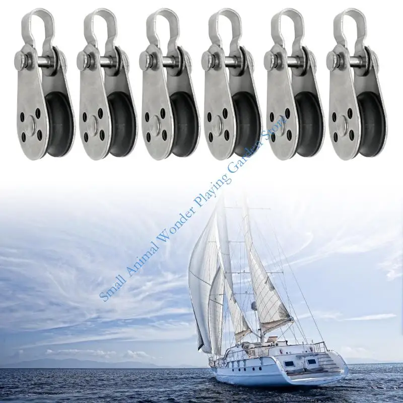 Marine Line Pulley Set with Single Nylon Sheaves, Metal Frame Components, Fixed Top Attachment Rings for Line Routing