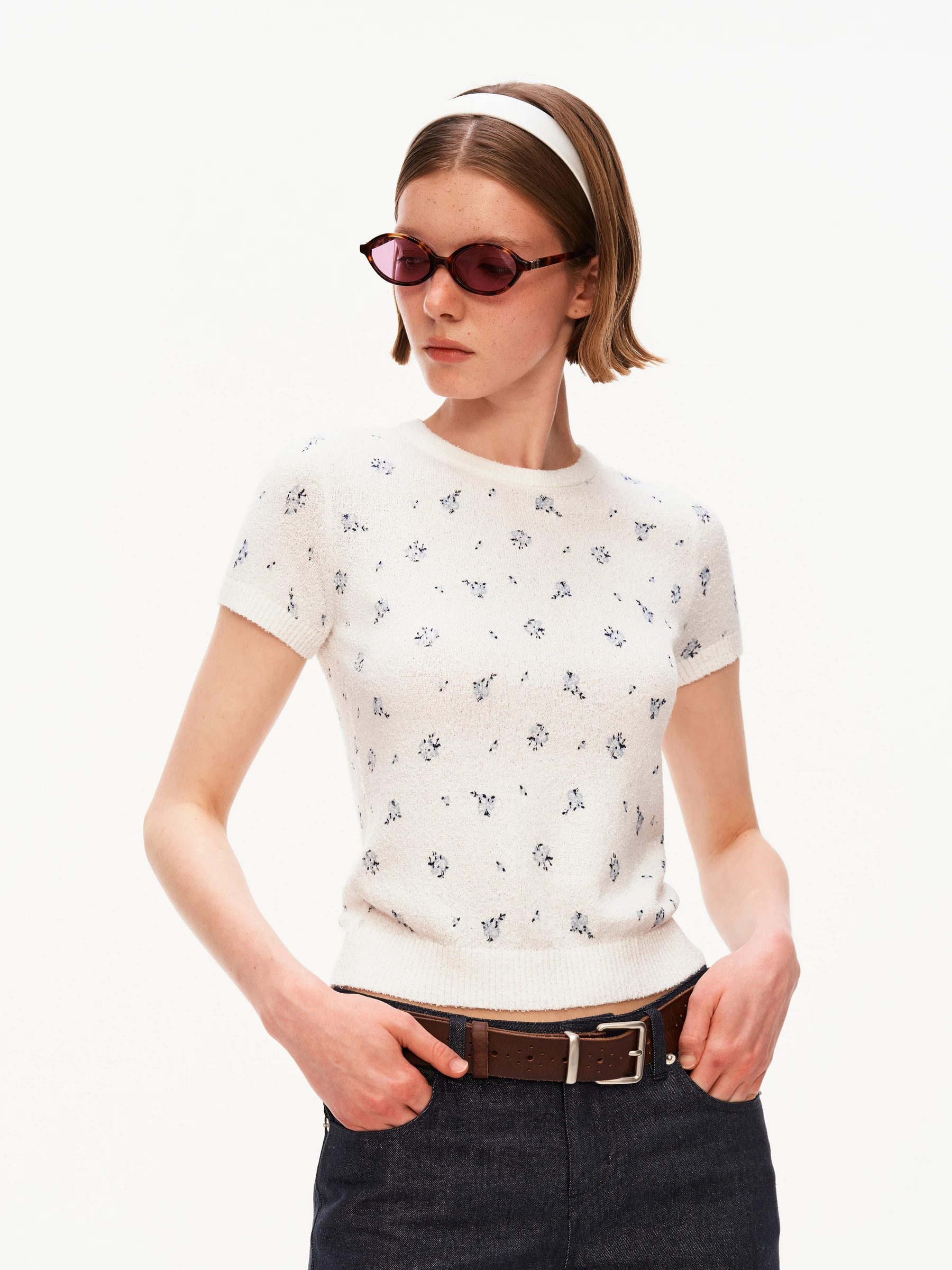 

Женская приталенная футболка PUKI Original Texture с цветочным узором, вязаная, с круглым вырезом, стандартной ширины плеча, повседневная, с коротким рукавом