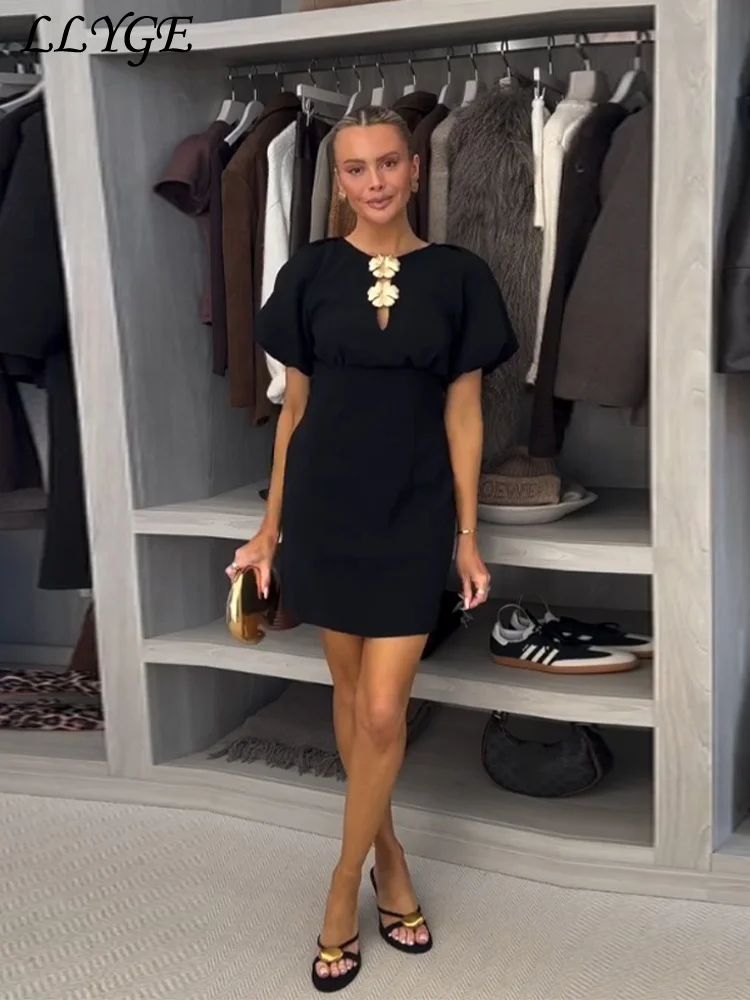 Elegant Hollow Out Short Dress Women O-neck Puff Sleeve Pleated Female A-line Dresses 2025 Summer Solid Lady Black Party Robes