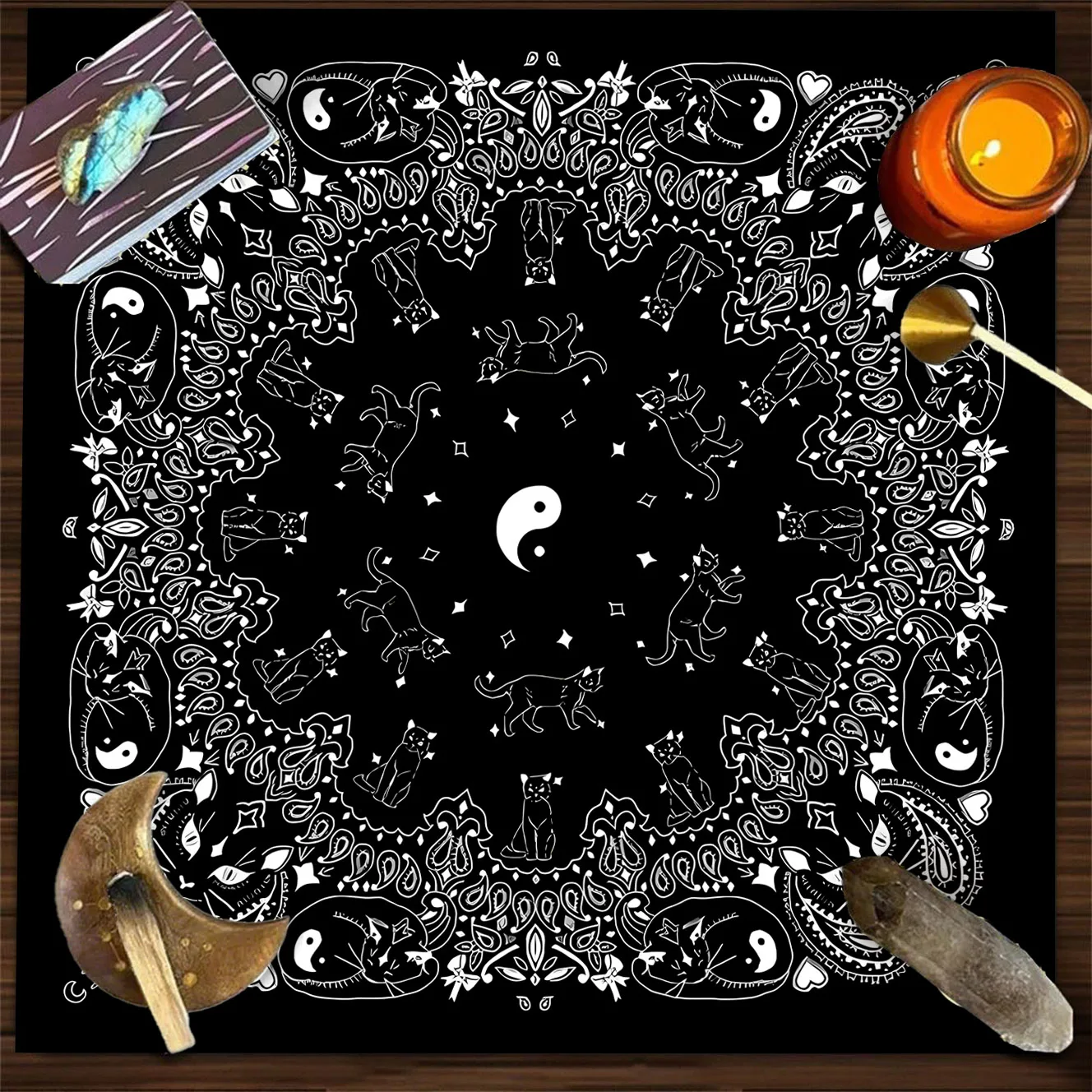 VIKAMA black white cat yin yang paisley tarot card tablecloth mystical occult altar cloth divination mat stylish for home decor