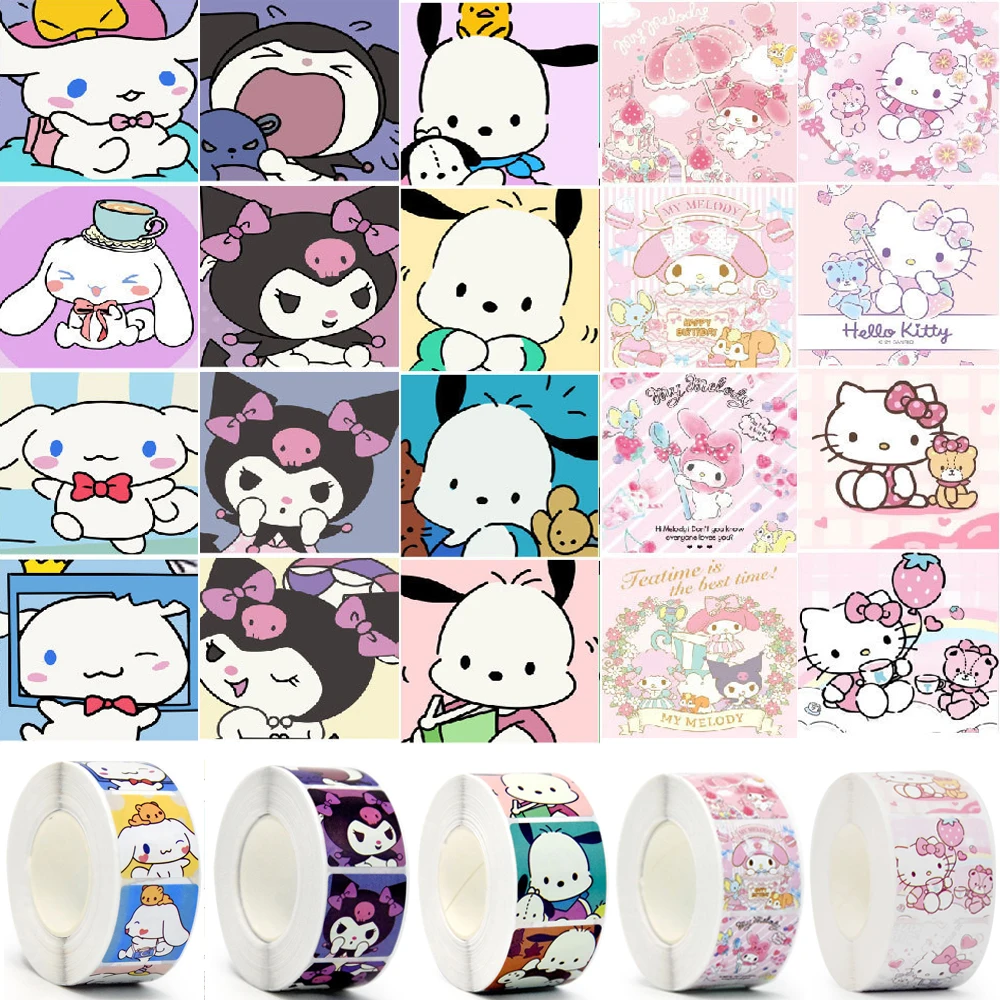 

500pcs Sanrio Cute Anime Figure Seal Label Stickers Kawaii Kuormi Pochacco Decal Roll Cartoon Decoration Reward Sticker Toy Gift