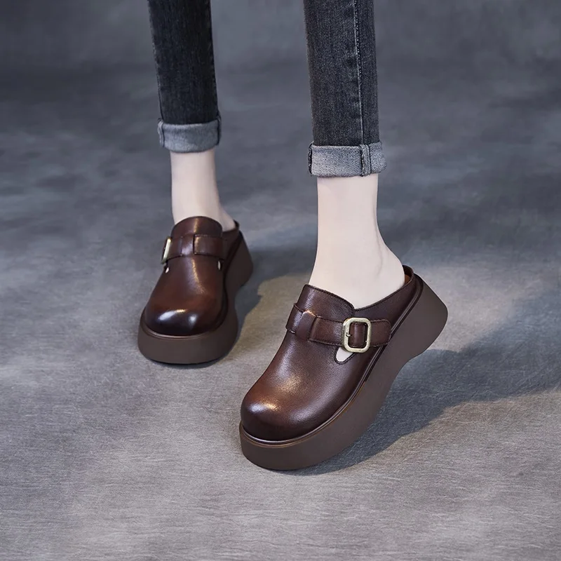 DRKANOL 2026 British Style Genuine Leather Chunky Platform Slippers Women Round Toe Casual Slides Wedges Slip On Slingback Shoes