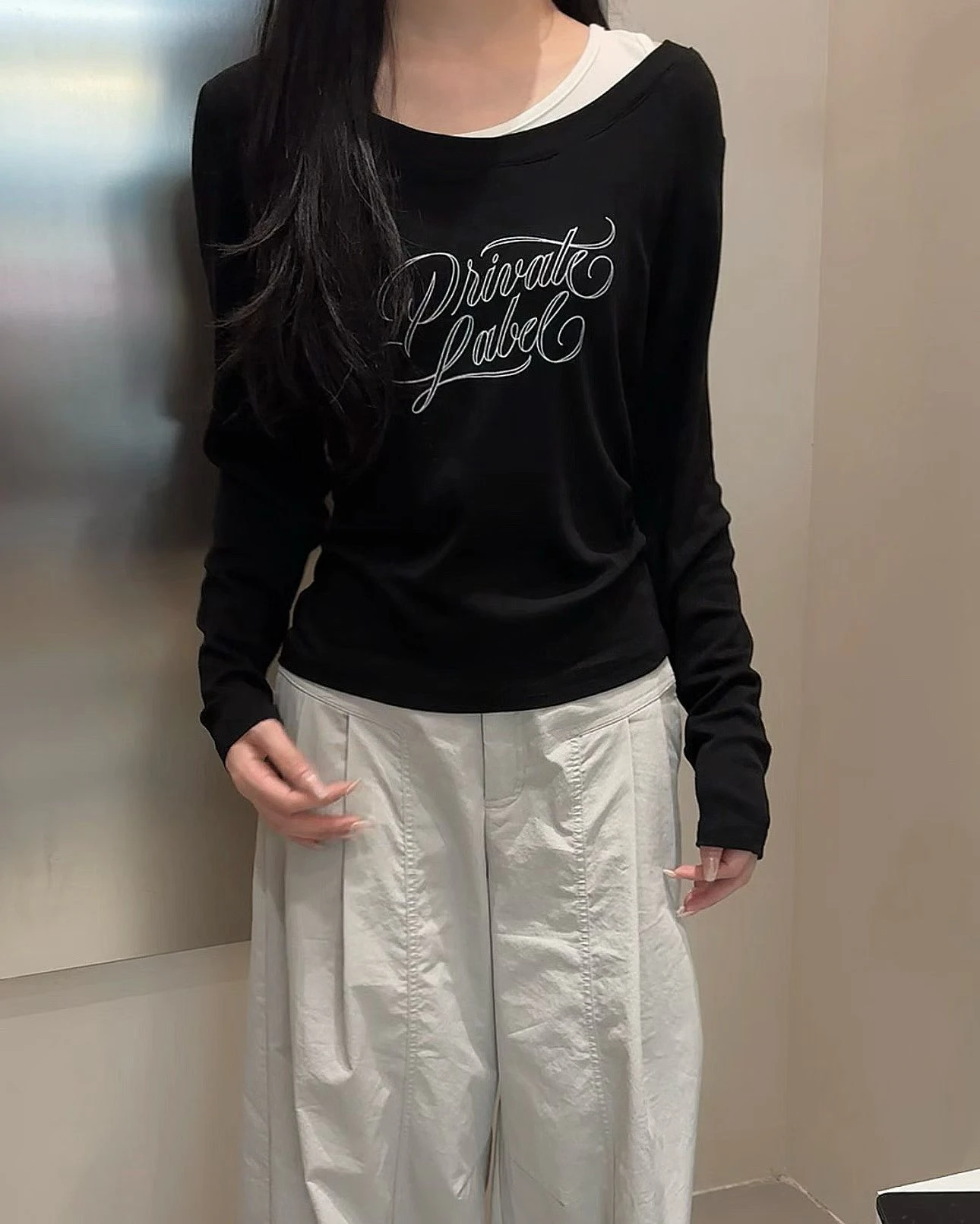 Slimming Pure Desire Hot Girl Letter Print Fake Two-Piece Diagonal Collar T-Shirt Women's Autumn New Korean Style Top