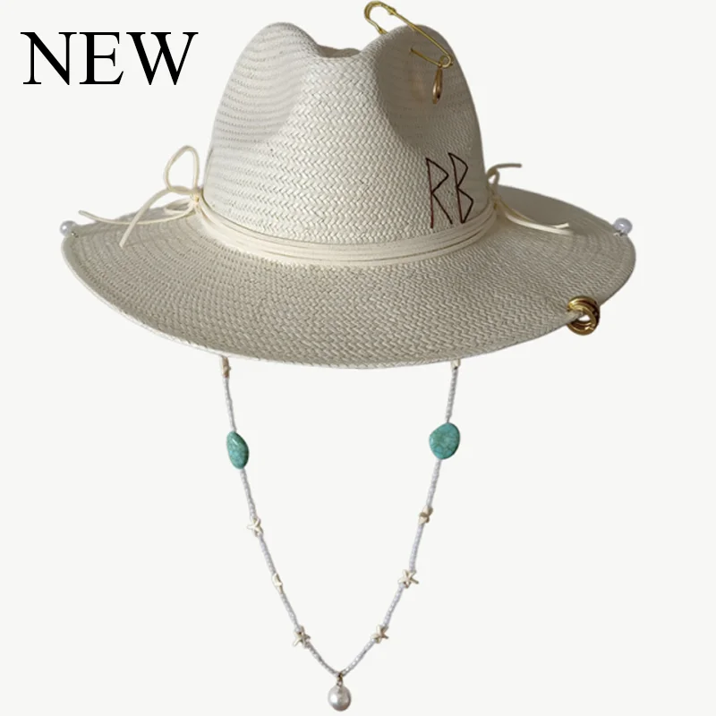 Beach Hat RB letters for Women Ribbon Decoration Elegant Ladies Party Dress Hats Travel Beach Sun Hat