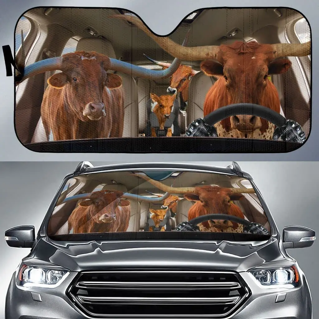 Texas Longhorn Cattle Family Driving Car Auto Sunshade for Windshield, Wild Cow Lovers Gifts, Sunshade for Car Windshield, Uv Pr